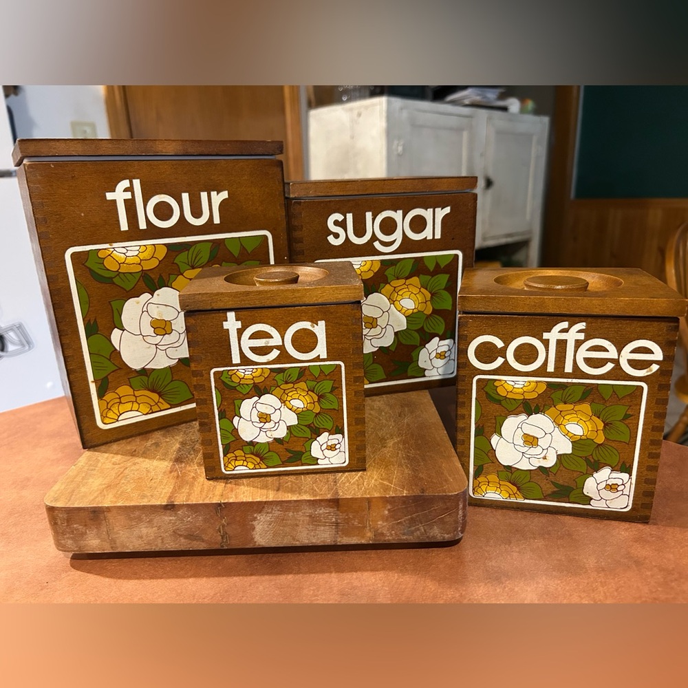Floral Wooden Kitchen Canister Set for Flour, Sugar, Tea, and Coffee